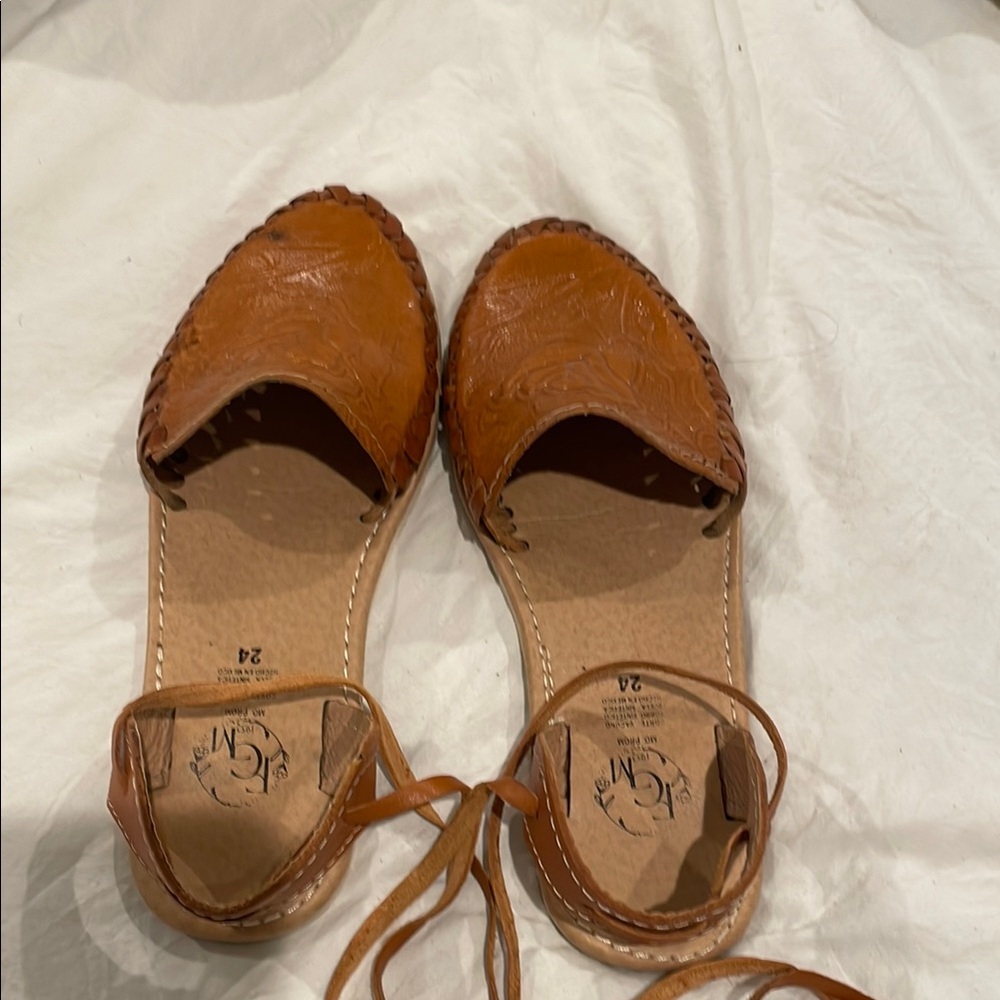 Mexican Leather Flats with Ankle Strap and Almond Toe